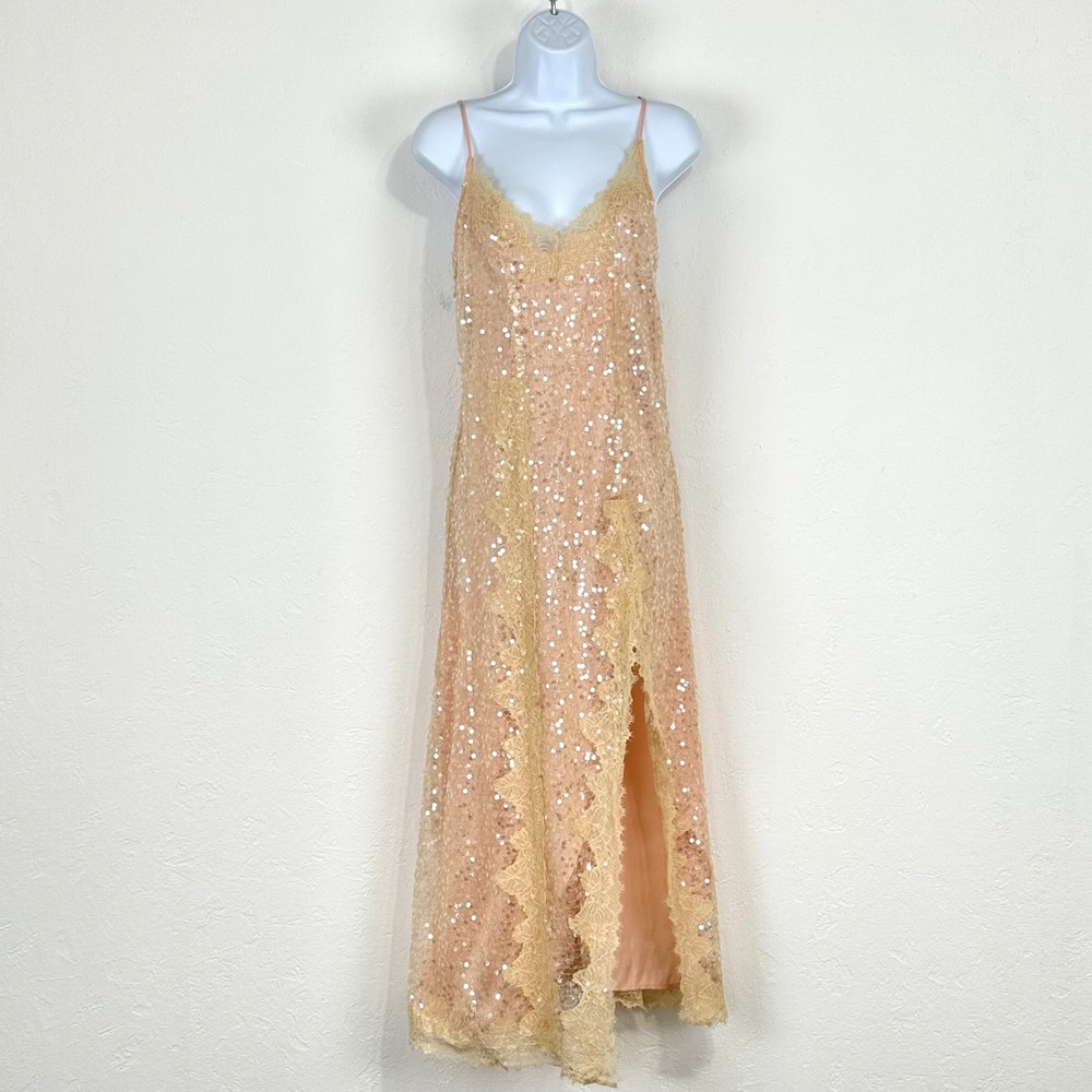 Anthropologie En Elly Old Hollywood Glam Slip Dress XXS Peach V-Neck Lace Sequin